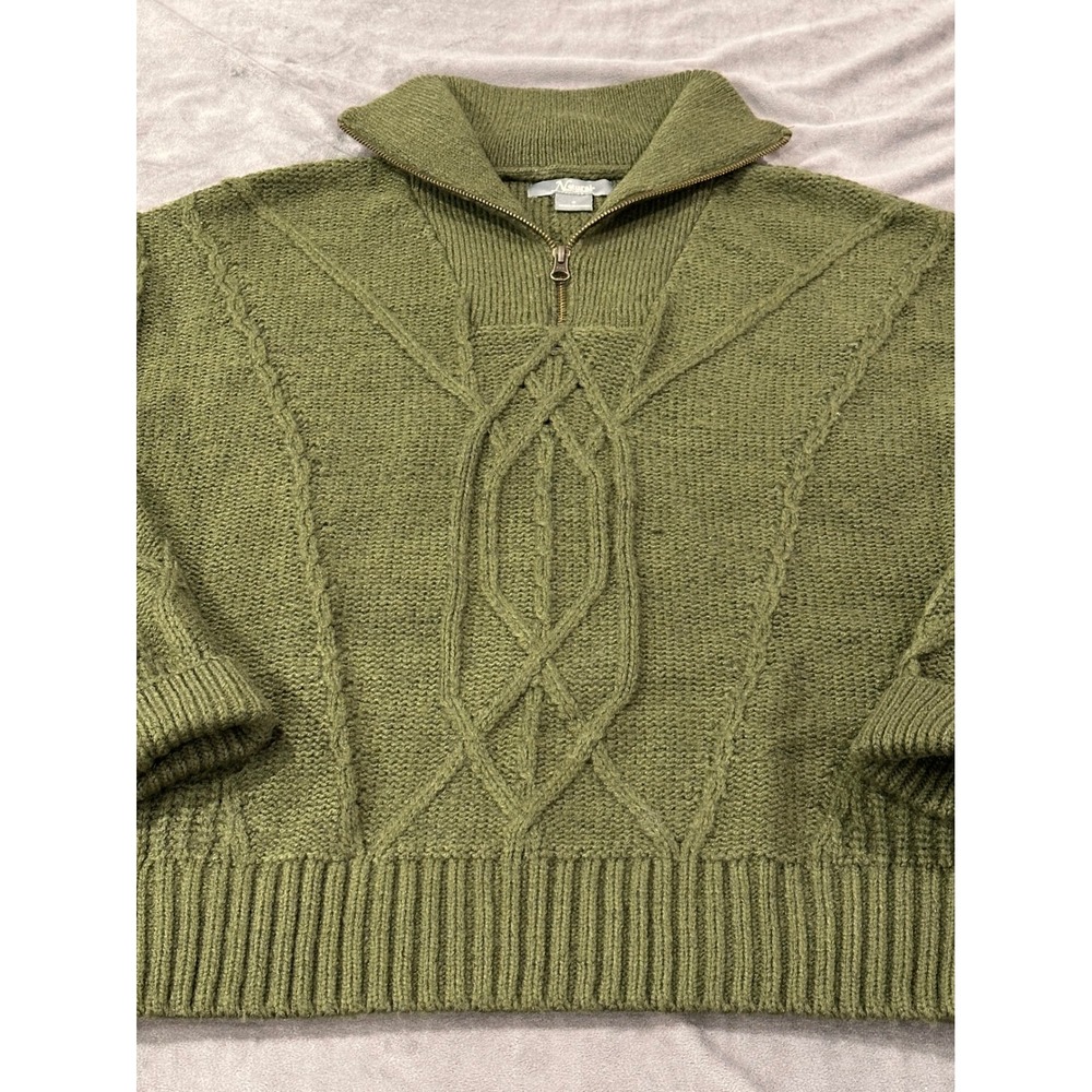 Natural Reflections Women Olive Green Cable Knit Quarter Zip Cropped Sweater S